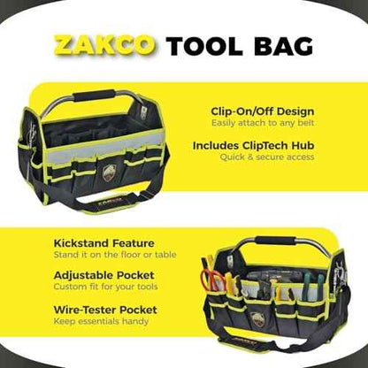 16" Open Top Tool Tote, 1680D Durable Tool Organizer for Plumber, Electrician, HVAC Technicians. Trade Professionals Tool Bag, Tool Bag with Detachable Strap (Yellow with SS Handle, 16 Inches)