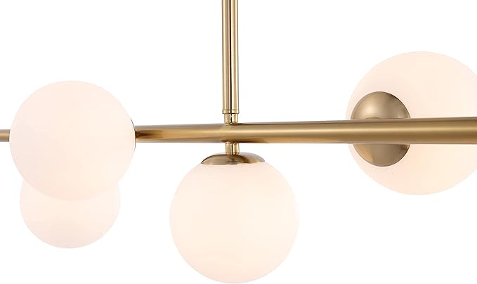 7 Lights Modern Sputnik Chandelier Globe White Glass Shade Brass Linear Mid Century Farmhouse Pendant Light Fixture for Kitchen Island Bedroom Dining Lighting (Gold)