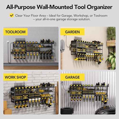 Power Tool Organizer Wall Mount with Charging Station, Cordless Tool Organizer, 12 Drill Holders 4-Tier Heavy Duty Drill Rack with 8-Outlet Power Strip, Garage Gift for Men