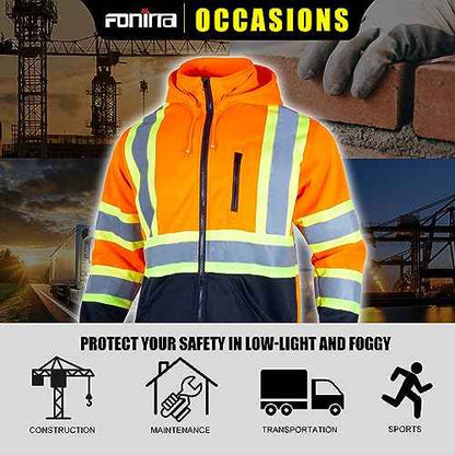 FONIRRA Hi Vis Safety Fleece Zip Hoodie for Men Reflective Sweatshirts ANSI Class 3 Jackets Detachable Hood (Orange,3XL)