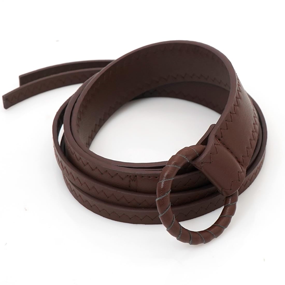 HIQUACC Women's Thin PU Leather Knotted Waist Belt with Tie Ends for Dresses Pants (Round Coffee)