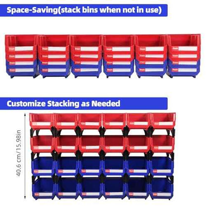 Stackable Storage Bins 24 Pack (5x4x3 Inch), Plastic Stackable Storage Organizer Bins Wall Mounted Hanging Small Parts Bin for Garage, Workbench & Office (Blue & Red)