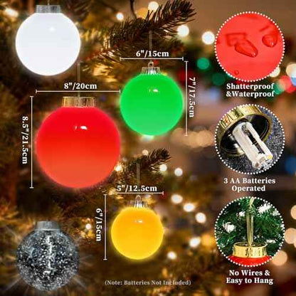 Lanpn 4 Pcs 8" Outdoor LED Ornament, Large Christmas Battery Powered Ball Lights, Xmas Tree Sphere Bulb Decor with Dark Sensor, Christmas Lighted Ornaments for Lawn Garden Yard Patio, Red