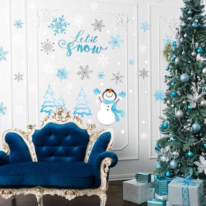Winter Snowflake Snowman Wall Stickers Christmas Window Decals Small Room Mural Stickers for Party Home Bedroom Kitchen Decor, 7.9 x 11.8 Inch, 9 Sheets