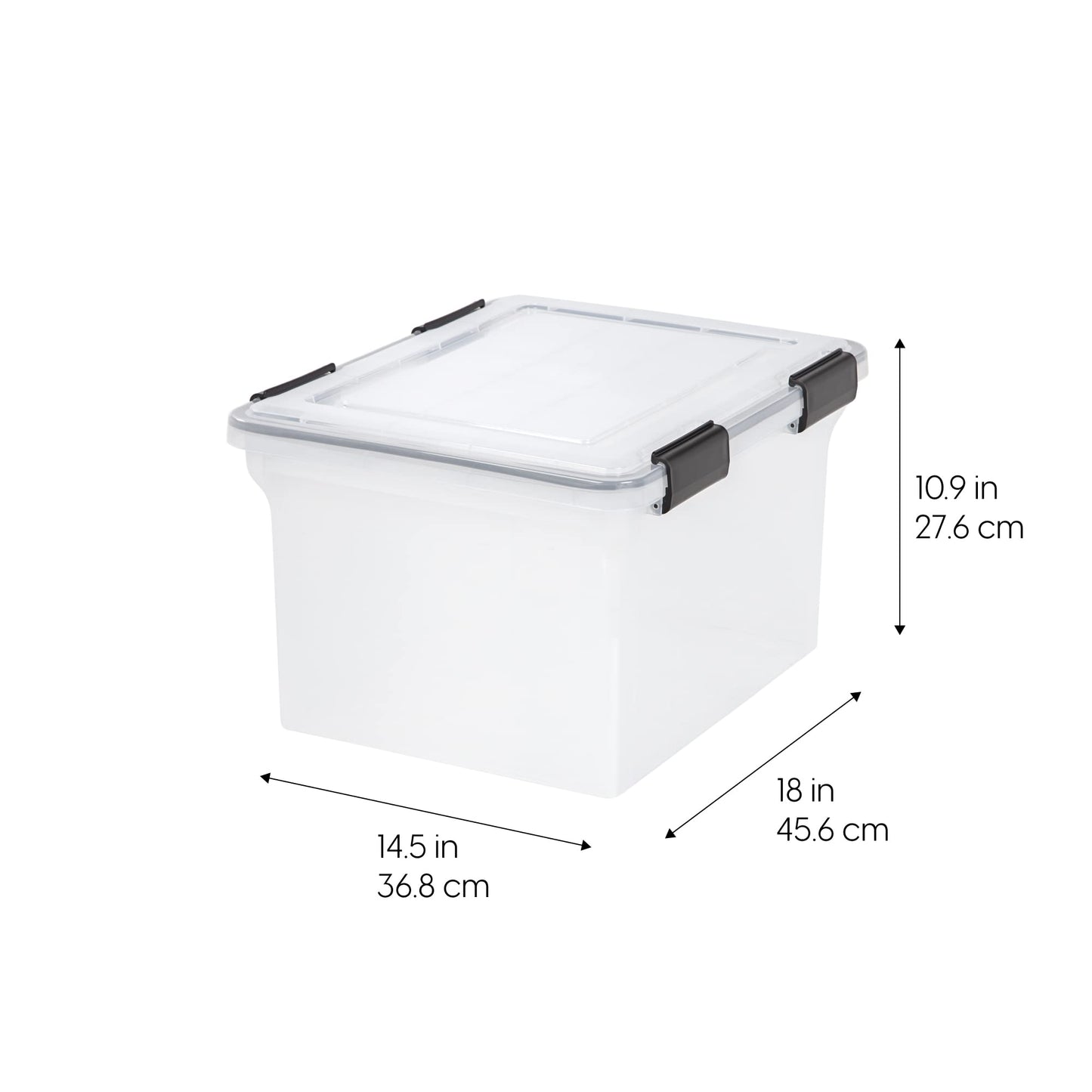 IRIS USA File Box WeatherPro Organizer Plastic for Letter/Legal, Water Resistant Document, Durable Lid, Seal w/Secure Latching Buckles, Stackable, Nestable, Clear 32 Qt. 1 Pack