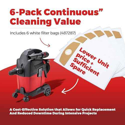6-Pack Wet/Dry Dust Bags for FLEX 24V Brushless Wet/Dry Vacuum | Filter Bags Compatible with FLEX VC 6L MC & VC 6L MC 18.0 | Vacuum Cleaner Replacement Bags 487287