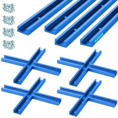 Zonon 4 Set 48'' T Track for Woodworking and T Track Intersection Kit with Predrilled Mounting Holes Wood Screw Double Cut Profile Universal T Track Accessory Aluminum T Rail Track Woodworking Tool