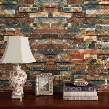 FunStick Vintage Faux Brick Wallpaper Peel and Stick 3D Textured Squares Brown Red Blue Brick Wall Paper Roll for Kitchen Bedroom Waterproof Brick Contact Paper for Walls Fireplace Removable 15.8"x80"