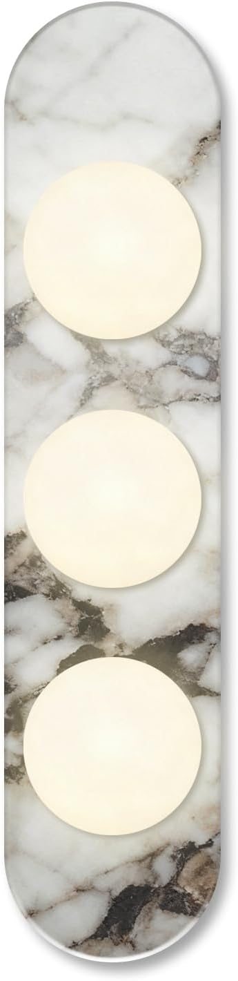 Natural Marble Wall Sconce with Alabaster Glass Globe, Modern Hardwired Wall Light Fixture for Bedroom, Bathroom, Dining Room, Hallway, Stairs (3-Light Sconce)