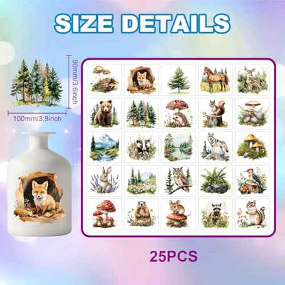 GLOBLELAND 25 Sheets Forest Animals Adhesive Stickers Jungle Animals Decal Stickers 3.9x3.6 inch Autumn Plants Landscape Adhesive Lantern Jar Decals for Window Lamp Glass Cup Vase Art Home Decor