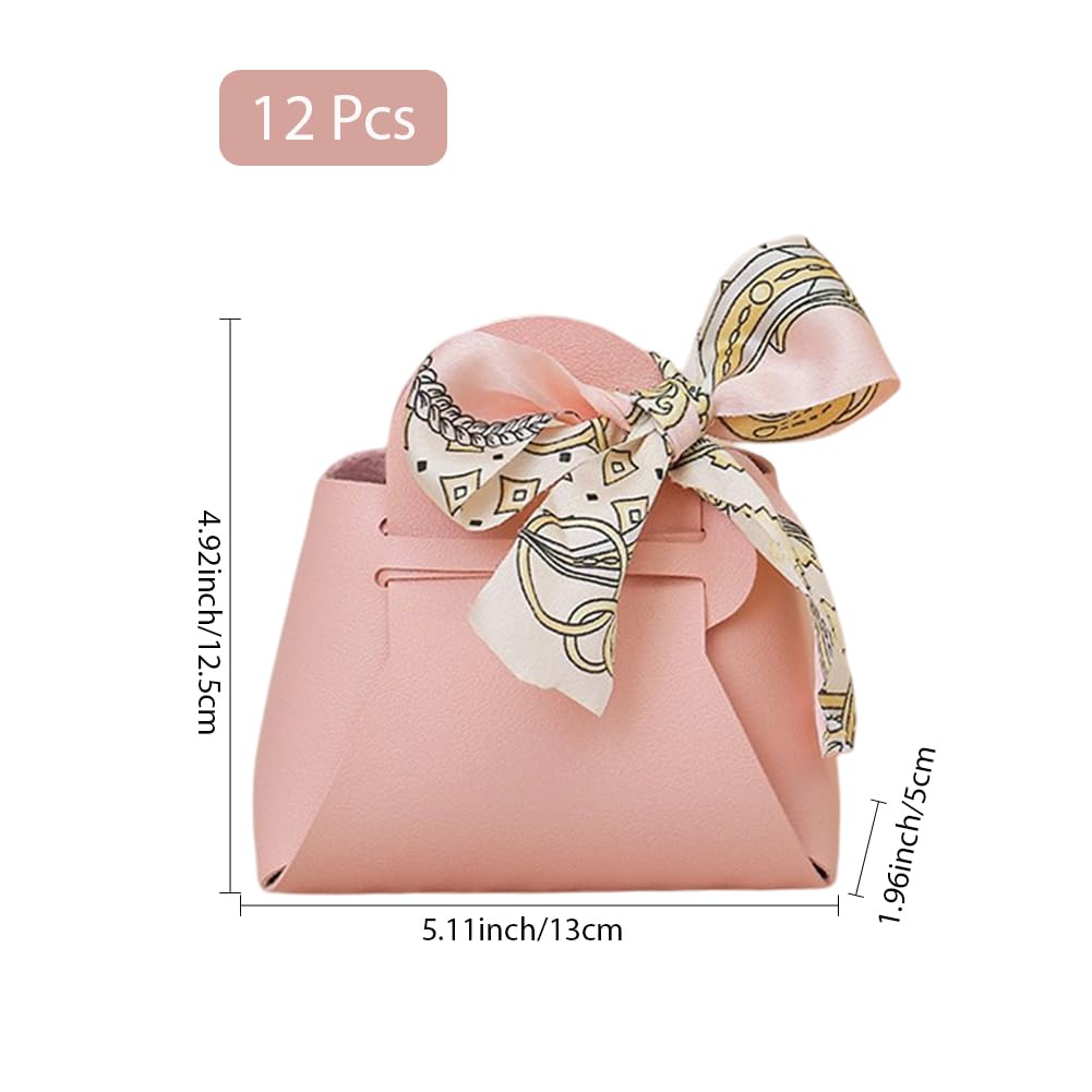 CALFOVERA 12 Pack Small Party Favor Boxes Reusable Faux Leather Gift Candy Wrapping Bags with Handle Ribbon Pink Mini Treat Handbags for Weddings Party Guest Gift Bridal Showers Birthday Halloween