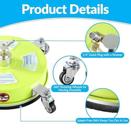M MINGLE 14'' Pressure Washer Surface Cleaner, Stainless Steel Pressure Washer Attachments with 4 Wheels for Driveway and Concrete Cleaning, 1/4" Quick Connect, 2 Extension Wands, 4000 PSI