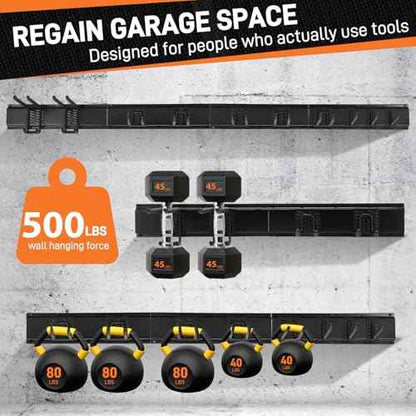 49.5" Garage Tool Organizer Wall Mount - 500lbs Heavy Duty Metal Rack with Adjustable Hooks, Anti-Rust Shed Storage for Shovels/Rakes/Brooms/Mowers, Efficient Garage & Garden Organization