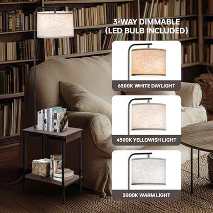 Floor Lamp with Table & Drawers, End Table Lamp with USB Charging Portt Power Outlet and Shelves, Side Table Reading Light with 3 Color Temperature Led Bulb Included for Living Room, Walnut