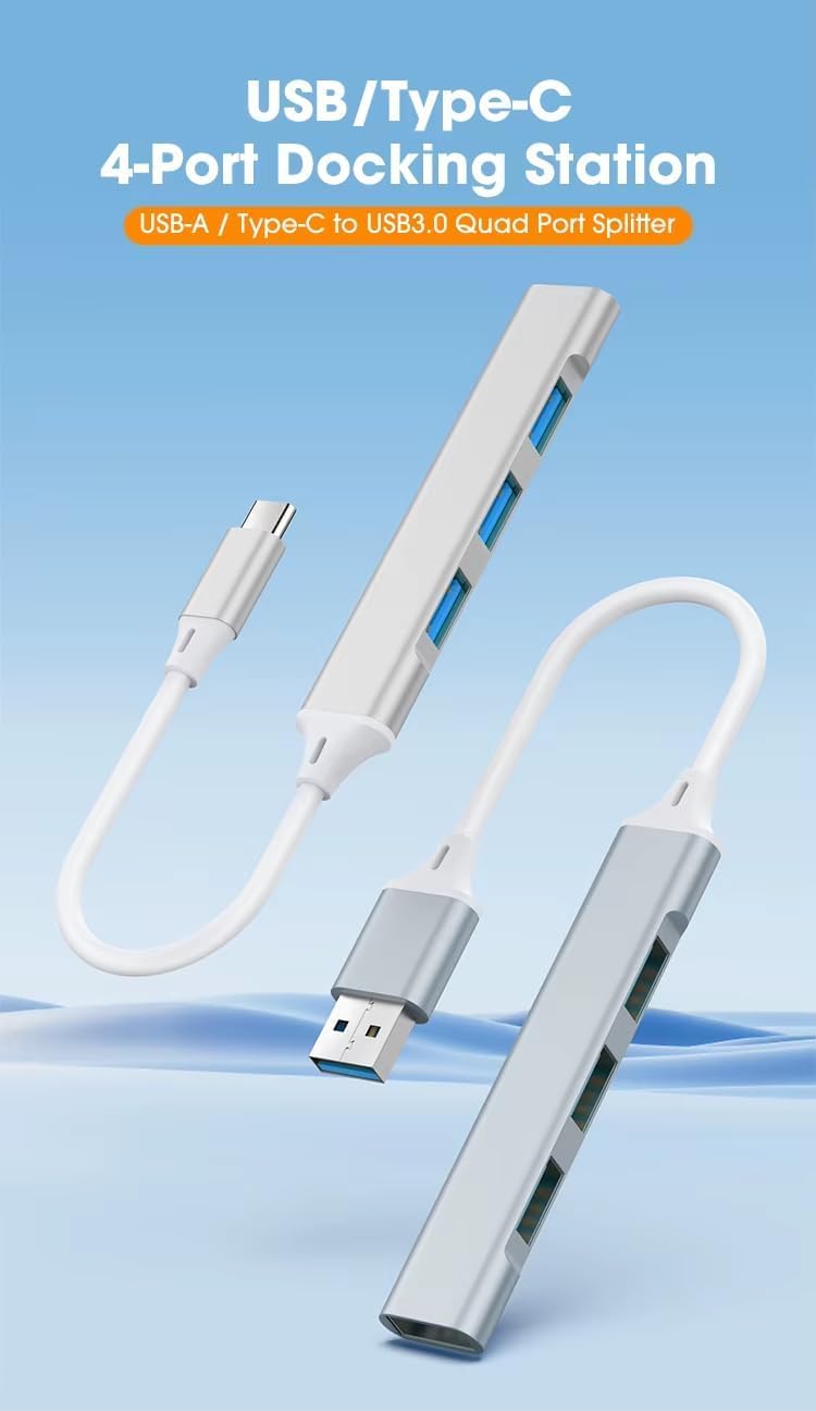 USB C to USB Hub Adapter, 4 Port (1 USB 3.0 + 3 USB 2.0), 5Gbps High Speed Data, Slim Aluminum Type C Hub for MacBook & USB-C Laptops (Silver)
