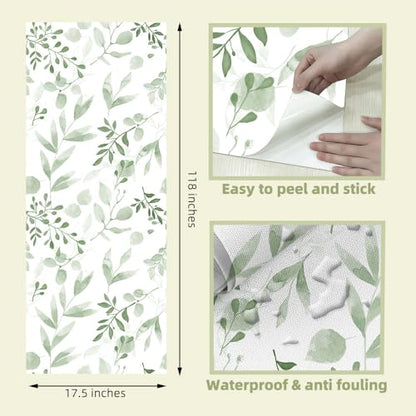 Green Leaf Wallpaper,Vinyl Green and White Floral Peel and Stick Wallpaper Thicken Farhouse Neutral Wall Paper for Table Shelf Drawer Counter Top Cabinet Liner 17.7 x 118.1 inches