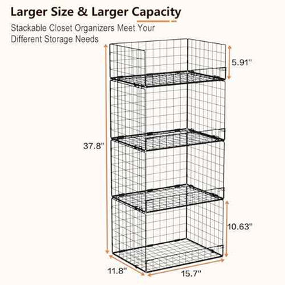 4 Tier Stackable Closet Organizers and Storage Shelves, Foldable Closet Shelf Organizer System, Stackable Storage Bins Drawers for Clothes Organizer System, Black(Patent Pending)