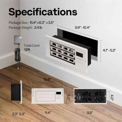 VIVOHOME 4'' x 10'' Opening Register Booster Fan with Adjustable Wind Direction Louver, Smart Intelligent Thermostat & 10-Speed Remote Control - 11.4" x 5.5" Vent Cover for Room, Floor, Wall - White