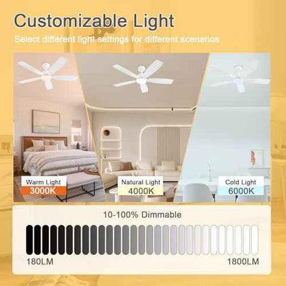 White Ceiling Fans with Lights, 52 Inch Low Profile Ceiling Fan with Light and Remote/App Control, Dual-Sided Blades, Reversible, 3CCT, Dimmable, Modern Ceiling Fan for Indoor/Outdoor Patios
