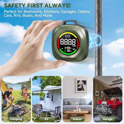 3-in-1 Carbon Monoxide Detectors - Rechargeable Co Monoxide Detector with Alarm, Temperature & Humidity Detection, Magnetic Back, 200H Standby, Custom Thresholds for RV, Car, Camping & Travel - Green