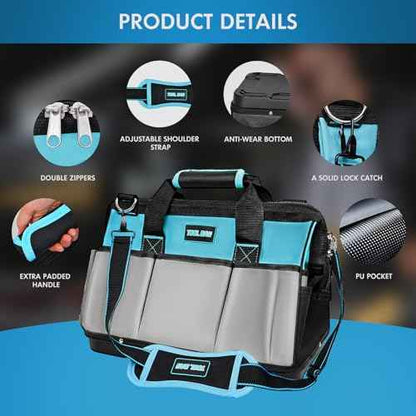 16 Inch Tool Bag Heavy Duty Tool Box Organizer, Portable Tool Organizers and Storage Bag, Tactical Toolbox with Anti-Slip Base & Adjustable Strap for Electrician, DIYer, HVAC, Mechanic
