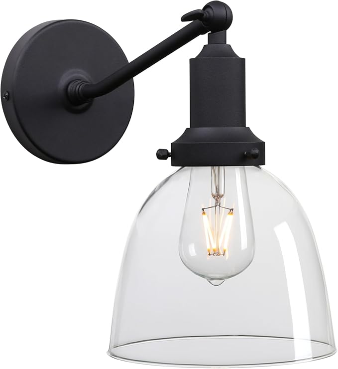 PERMO Industrial Sconces Slope Pole Sconce with 6.7" Oval Dome Clear Glass Shade Matte Black Wall Sconce Wall Mount Light Fixture for Bathroom Bedroom Entryway Home Office Kitchen