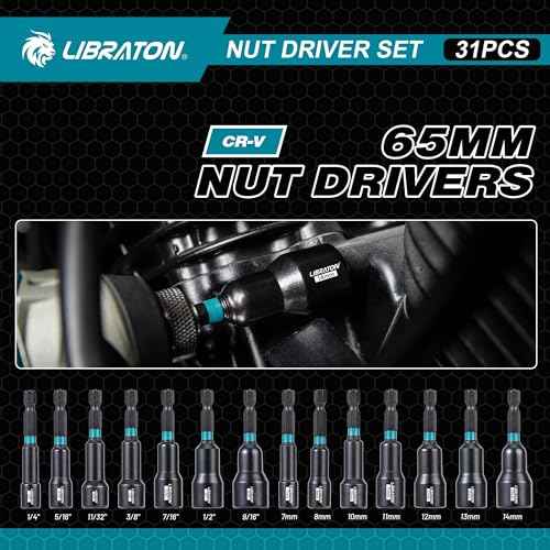 LIBRATON 31PCS Magnetic Nut Driver Set, 1/4" Impact Drill Driver Bit Set, Long Nut Drivers 6INCH, Metric & SAE Nut Drivers for Impact Drill, Socket Set, Impact to Hex Converter, PH1, PH2, Storage Box