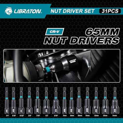 LIBRATON 31PCS Magnetic Nut Driver Set, 1/4" Impact Drill Driver Bit Set, Long Nut Drivers 6INCH, Metric & SAE Nut Drivers for Impact Drill, Socket Set, Impact to Hex Converter, PH1, PH2, Storage Box
