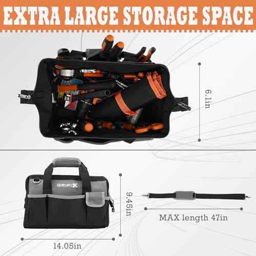 14-inch Tool Bag, Portable Tool Box Organizer Storage, Wide Mouth Tool Tote Bag with Large Zipper, 14-Pocket Adjustable Shoulder Strap and Ergonomic Handle (14" Standard Base)
