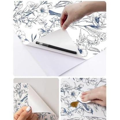 Navy Blue Floral Birds Peel and Stick Wallpaper Rustic Country Birds Floral Shelf Liner Contact Paper for Walls Bedroom Kitchen Bathroom Cabinets Dresser Drawer Furniture Decal 17.7X117 Inches