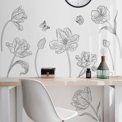 Creative 3D Black Flower Wall Decals Boho 8 Tulip Flowers Wall Stickers DIY Peel and Stick Sketch Simple Line Garden Floral Plants Wall Decor for Kids Girls Bedroom Living Room Nursery Decoration