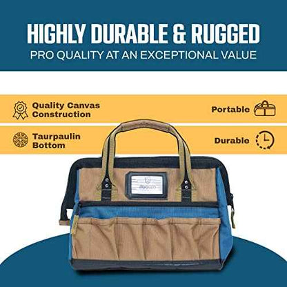 Rugged Tools Field 14" Wide-Mouth Tool Bag - Soft Sided Canvas Tool Bag For Plumbers, Electricians, Carpenters, and Handymen