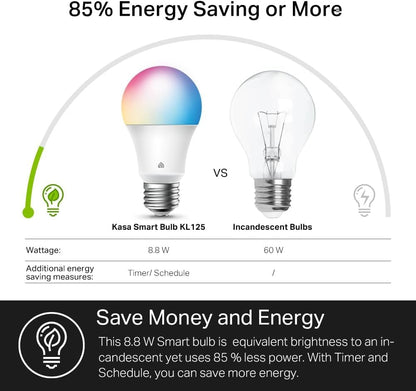Kasa Smart Light Bulbs, Full Color Changing Dimmable Smart WiFi Bulbs Compatible with Alexa and Google Home, A19, 9W 800 Lumens,2.4Ghz only, No Hub Required, 4 Count (Pack of 1), Multicolor (KL125P4)