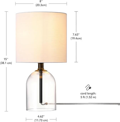 GLOBE Electric 61000141 15" Table Lamp, Glass Base, Matte Black Finish, White Linen Shade, Rotary Switch on Socket, 5-Foot Clear Cord, Bedroom, Home Décor, Nightstand