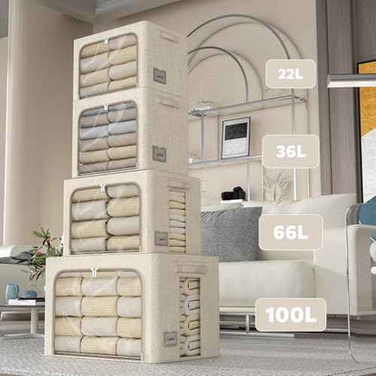 FHSQX 6 Pack Clothes Storage Bins with Metal Frame Foldable Storage Bins for Clothes Linen Fabric Storage Box with Clear Window (Beige, 15.7x11.8x7.8inch(22L))