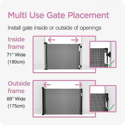 Retractable Baby Gate Perma Child Safety 33" Tall x 71¡± Wide, Mesh, for Stairs, Doorways, Dogs, Pets, Indoor, Outdoor, One-Handed Operation, Locking, Easy Install, Hardware Mount, Gray