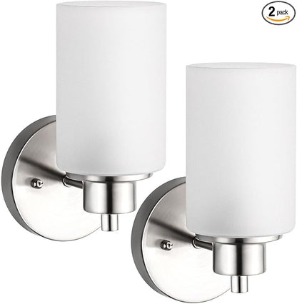2 Pack Modern Elegant Wall Sconces Bath Vanity Light Fixtures Wall Mounted Lighting Brushed Nickel White Frosted Glass Shade