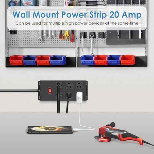 JUNNUJ 20 Amp Power Strip Heavy Duty 2 Pack, Garage 6 Outlets Metal 12 Gauge Surge Protector 3000J, High Amp 5-15P Adapter Shop 6-20R T-Slot Industrial (6AC 2-Pack, 4FT)
