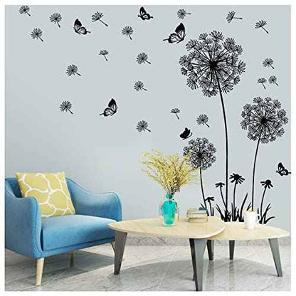 Black Dandelion Wall Stickers Flower Butterflies Flying Wall Decal, Removable Walls Art Stickers for Bedroom Living Room Sofa Backdrop TV Decoration