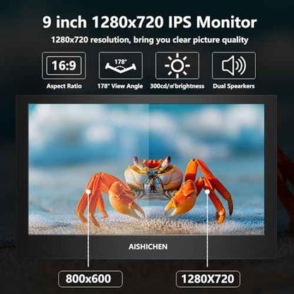 9 Inch Small Monitor Built-in Speakers, Mini Monitor 1280 x 720, HDMI VGA Input 60 Hz 3ms IPS Screen Display, Security Display for Raspi CCTV Camera Car HDMI VGA Input Metal Shell