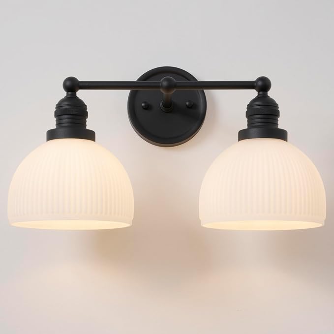 2-Light Wall Sconces,Black Double Bathroom Vanity Light with Milk Glass Minimalist Farmhouse Wall Sconce Light Lamp for Bathroom Mirror Living Room Bedroom Kitchen E26 Hardwire Indoor