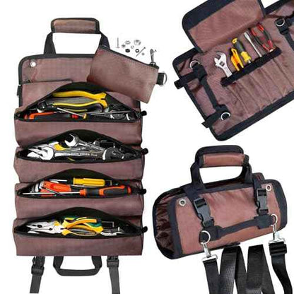 Tool Bag Roll up, Heavy Duty Tool Bag Organizer, Tool bags for Men Women, Portable Tool bag with shoulder strap, Small Carrier Bag for Electrician Mechanic, Father Day Dad Gifts, Gifts for Men, Brown