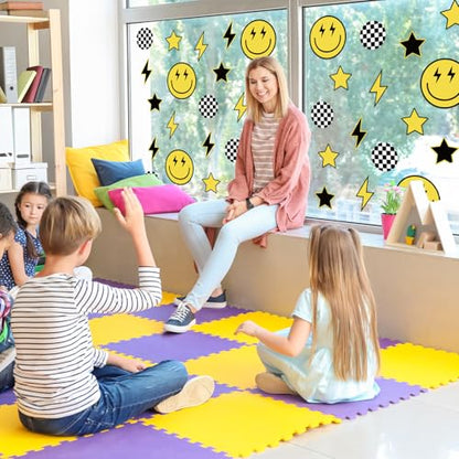 Whaline 12 Sheets One Happy Dude Wall Stickers Black Yellow Smile Face Lightning Star Checkered Dot Wall Decals Preppy Room Mural Stickers for Party Home, 7.9 x 11.8 Inch