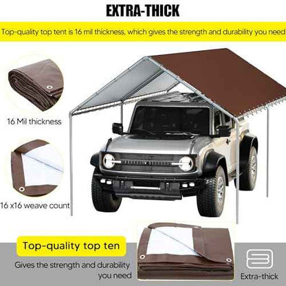 10 x 20 Ft Carport Replacement Canopy Cover Garage Top Tent Shelter Tarp with Free 48 Ball Bungee Cords,Brown (Only Cover, Frame Not Include)