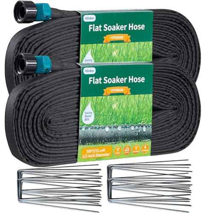 2025 Flat Soaker Hose 100 ft (50ft 2Packs) with Stake for Garden, Linkable Drip Hose Diy Automates Garden Irrigation System Saving 88% Water, Dual-layer Leak-free Design Water Hose with Holes