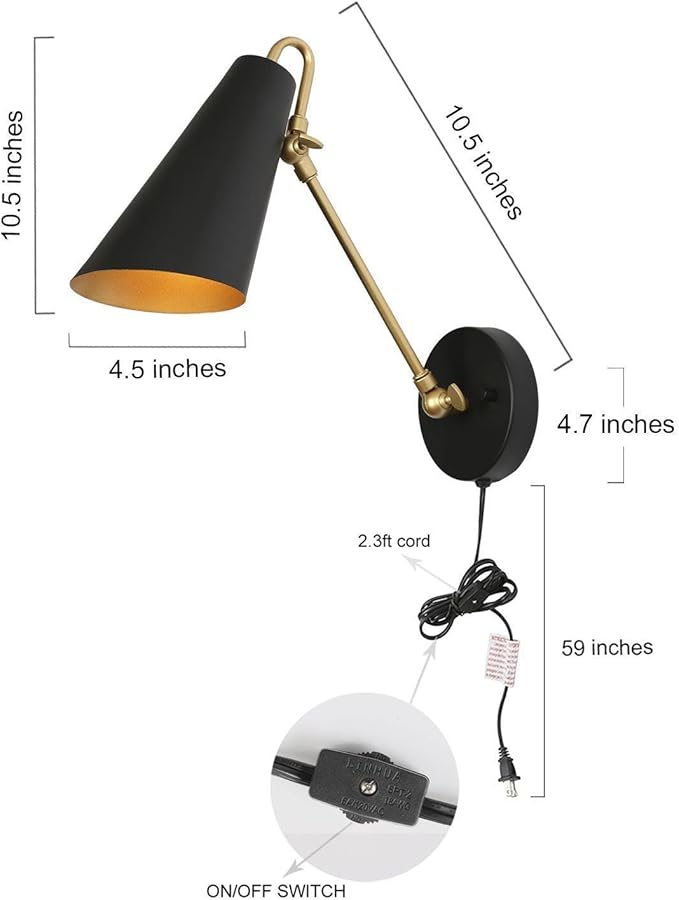 KSANA Swing Arm Wall Lamp, Black and Gold Plug in or Hardwired Wall Sconces, Modern Adjustable Arm Light Fixture with On/Off Switch for Bedroom, Kitchen, Hallway and Living Room