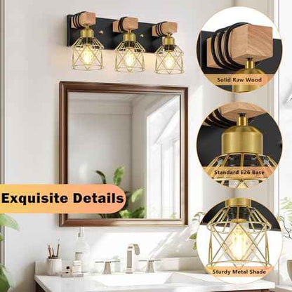 FadimiKoo Black and Gold Vanity Light, 3-Light Farmhouse Vanity Light, Bathroom Light Fixtures Over Mirror, Industrial Indoor Wall Mounted lamp for Bathroom, Living Room, Cabinet, Bedroom