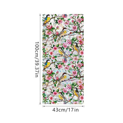 Runtoo Window Privacy Film Rainbow Bird on Tree Branch Flowers Window Clings 3D Decorative Vinyl Stained Glass Rose Peony Floral Decals Static Sticker Non-Adhesive, 17 x 40 inches