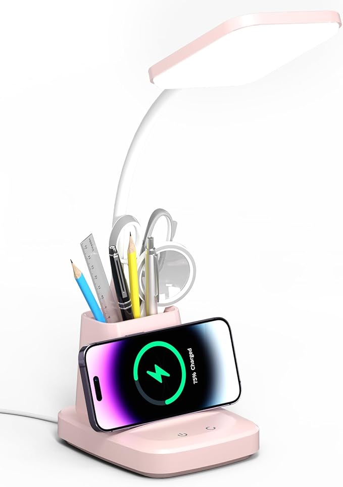 Desk Lamps for Home Office, LED Desk Lamp with Wireless Charger Pencil Holder, 3 Color Modes Dimming Desk Light for College Dorm Room, Girls Study Lamp with CRI 90+ 800 Lumen - Pink