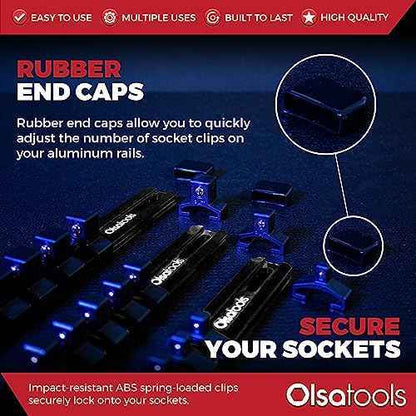 Olsa Tools Socket Organizer Set (3pc, Black) - Socket Holder and Socket Rail for 1/2-Inch, 3/8-Inch, and 1/4-Inch Drive Sockets - Holds 58 Chrome or Impact Sockets - Professional-Grade - Part: 1023